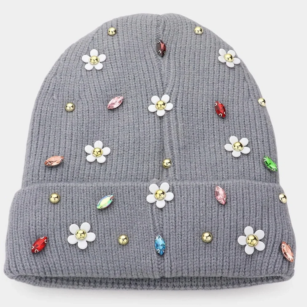 Rhinestone & Daisy Jewel Embellished Fleece Lining Knit Beanie Hat